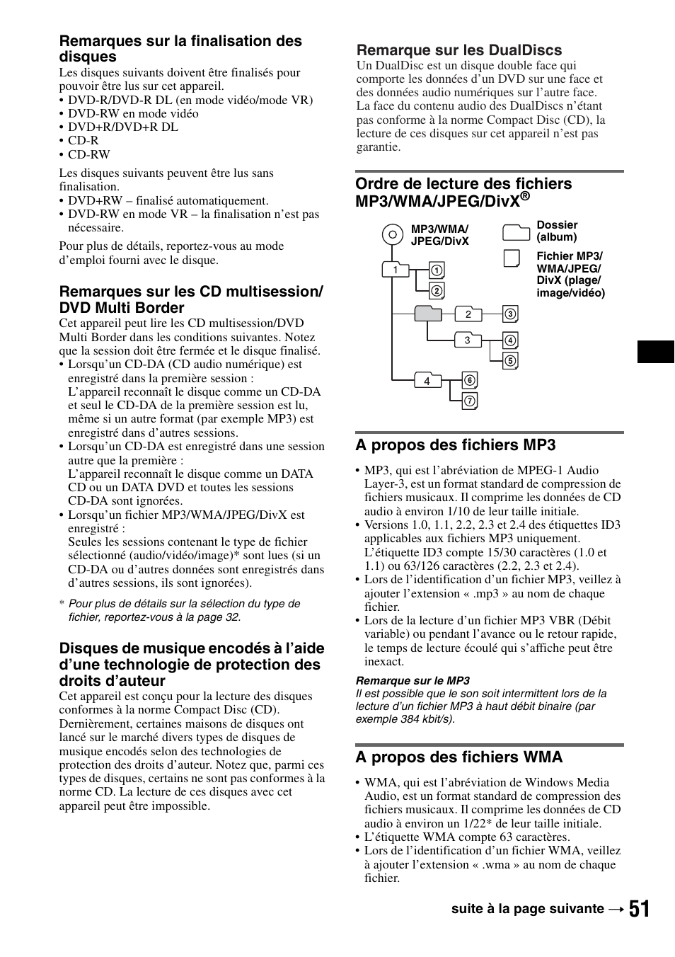 Ordre de lecture des fichiers mp3/wma/jpeg/divx, A propos des fichiers mp3, A propos des fichiers wma | Sony MEX-DV1000 User Manual | Page 169 / 300