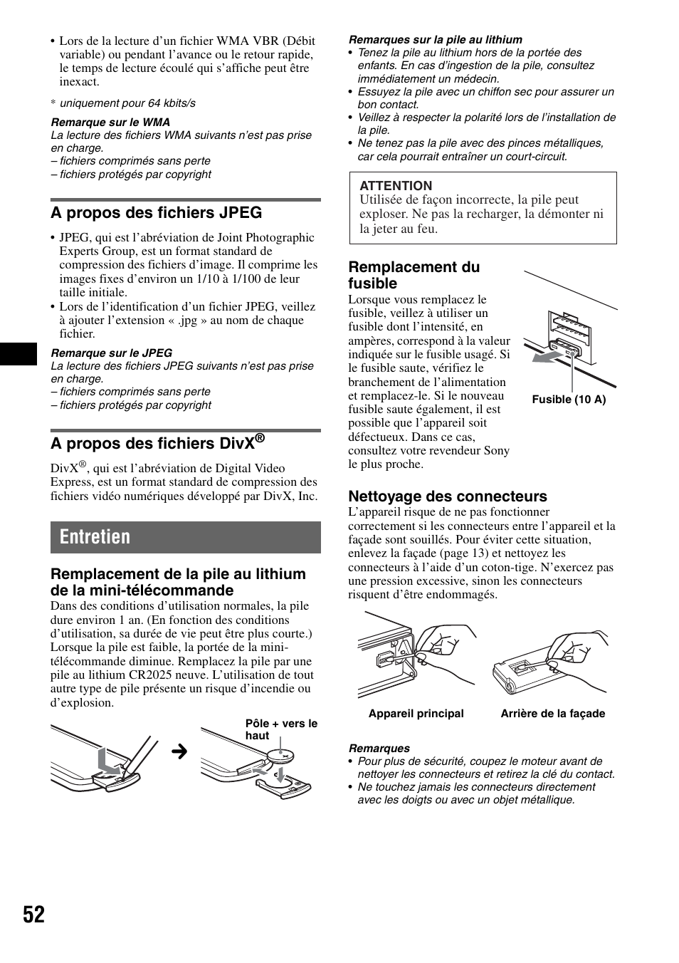 A propos des fichiers jpeg, A propos des fichiers divx, Entretien | Sony MEX-DV1000 User Manual | Page 170 / 300