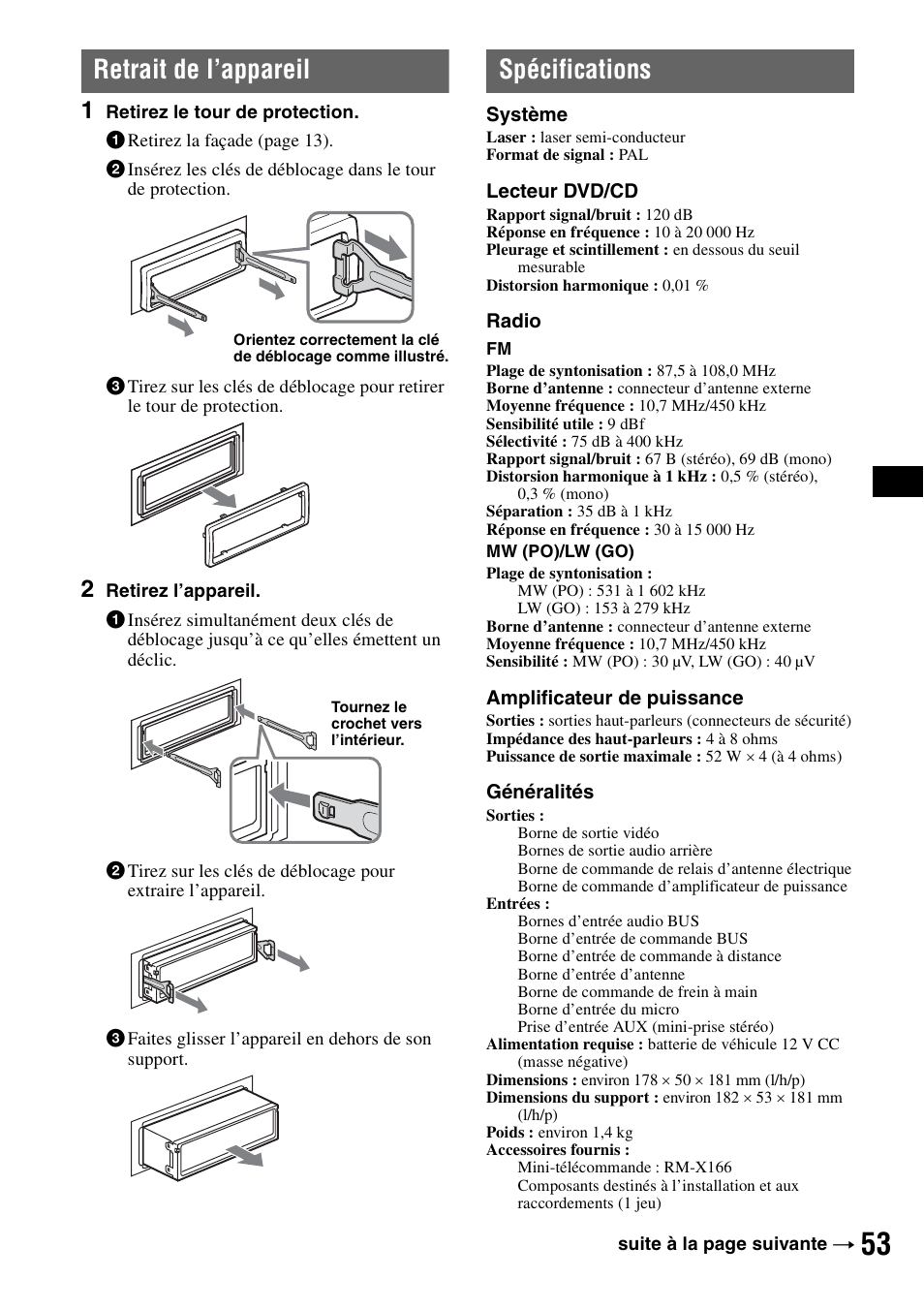 Retrait de l’appareil, Spécifications | Sony MEX-DV1000 User Manual | Page 171 / 300