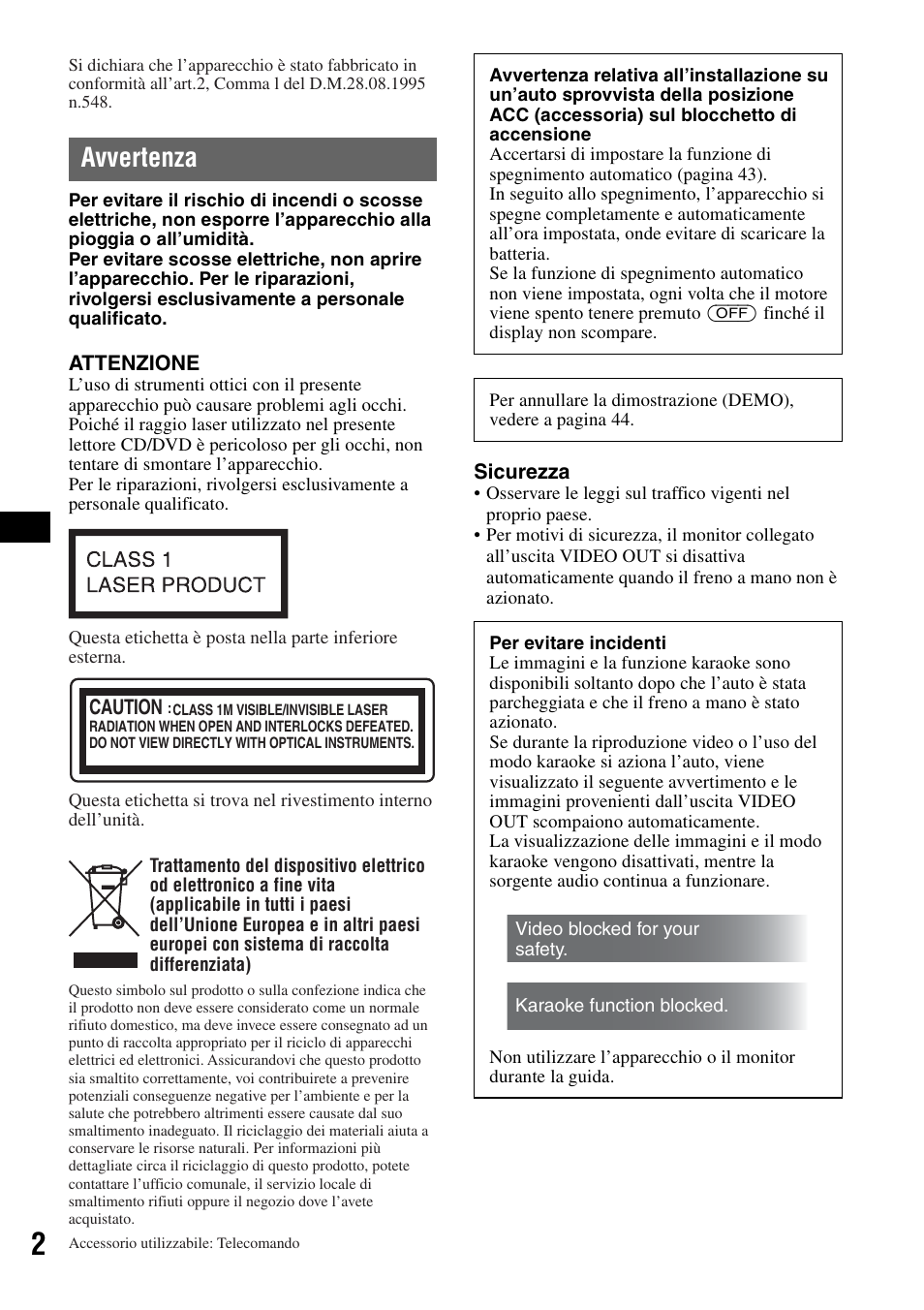Avvertenza | Sony MEX-DV1000 User Manual | Page 180 / 300