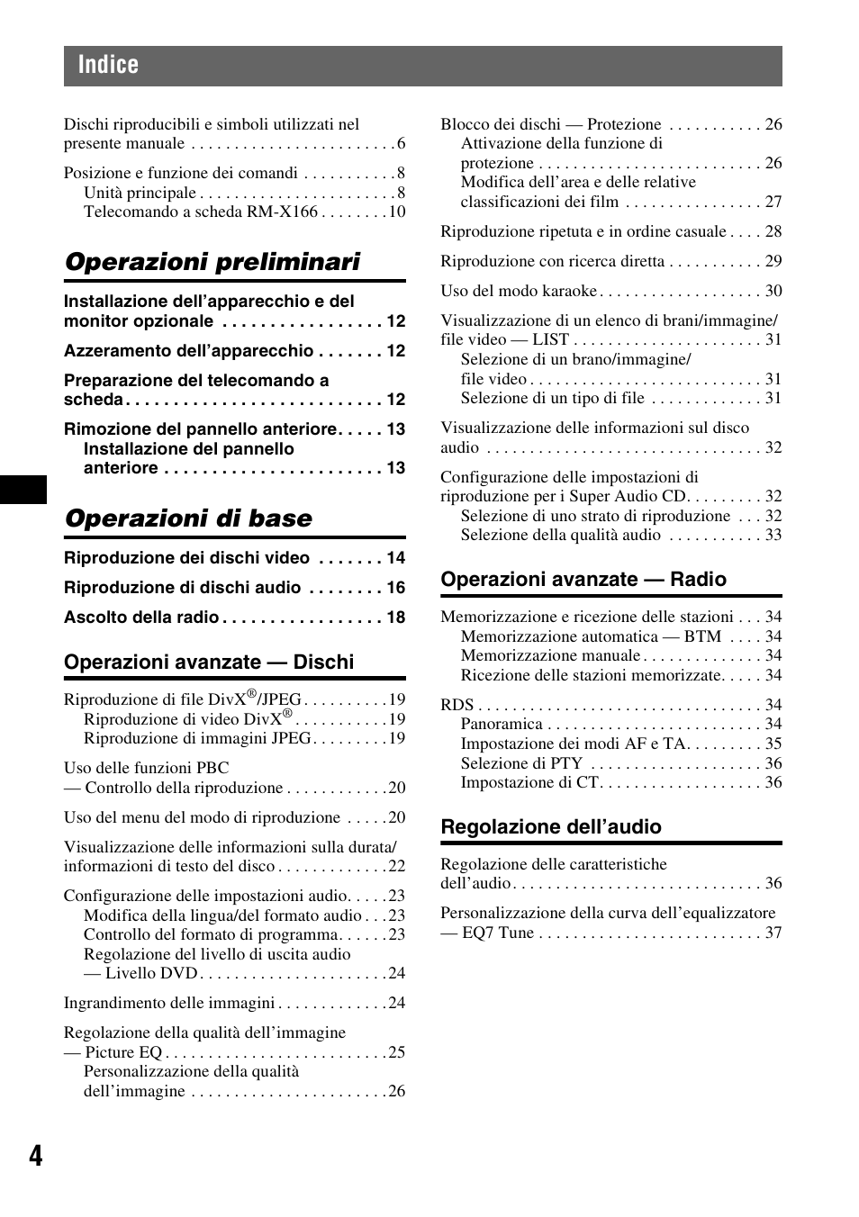 Indice, Operazioni preliminari, Operazioni di base | Sony MEX-DV1000 User Manual | Page 182 / 300