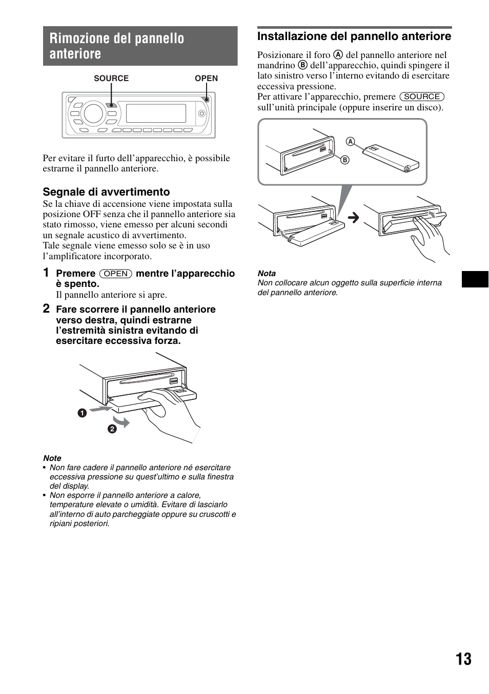 Rimozione del pannello anteriore, Installazione del pannello anteriore, Ce 13 | Sony MEX-DV1000 User Manual | Page 191 / 300