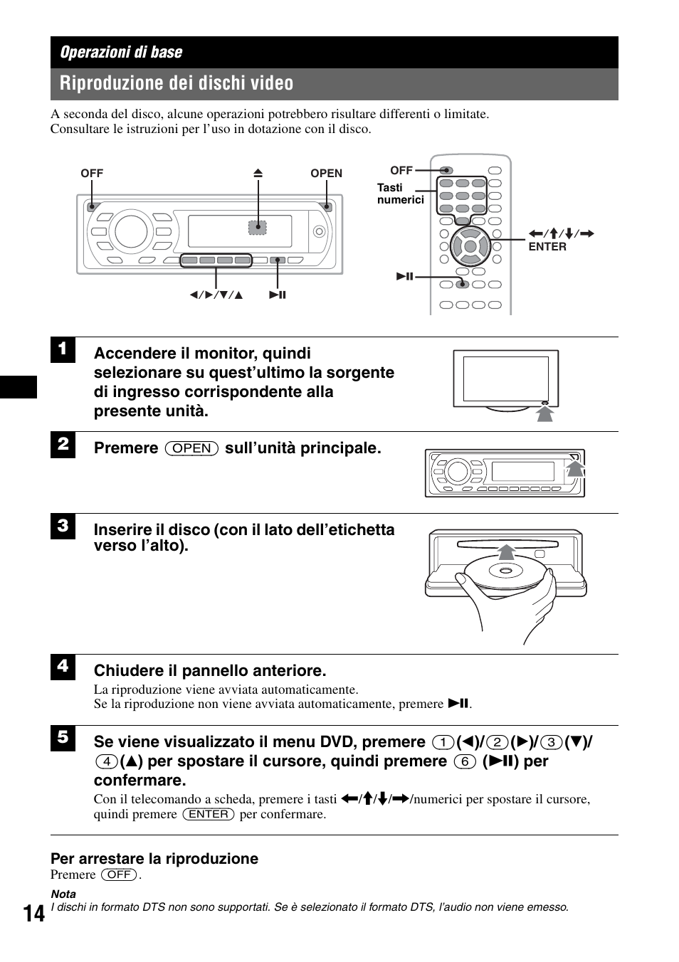 Operazioni di base, Riproduzione dei dischi video, Premere (open) sull’unità principale | Chiudere il pannello anteriore | Sony MEX-DV1000 User Manual | Page 192 / 300