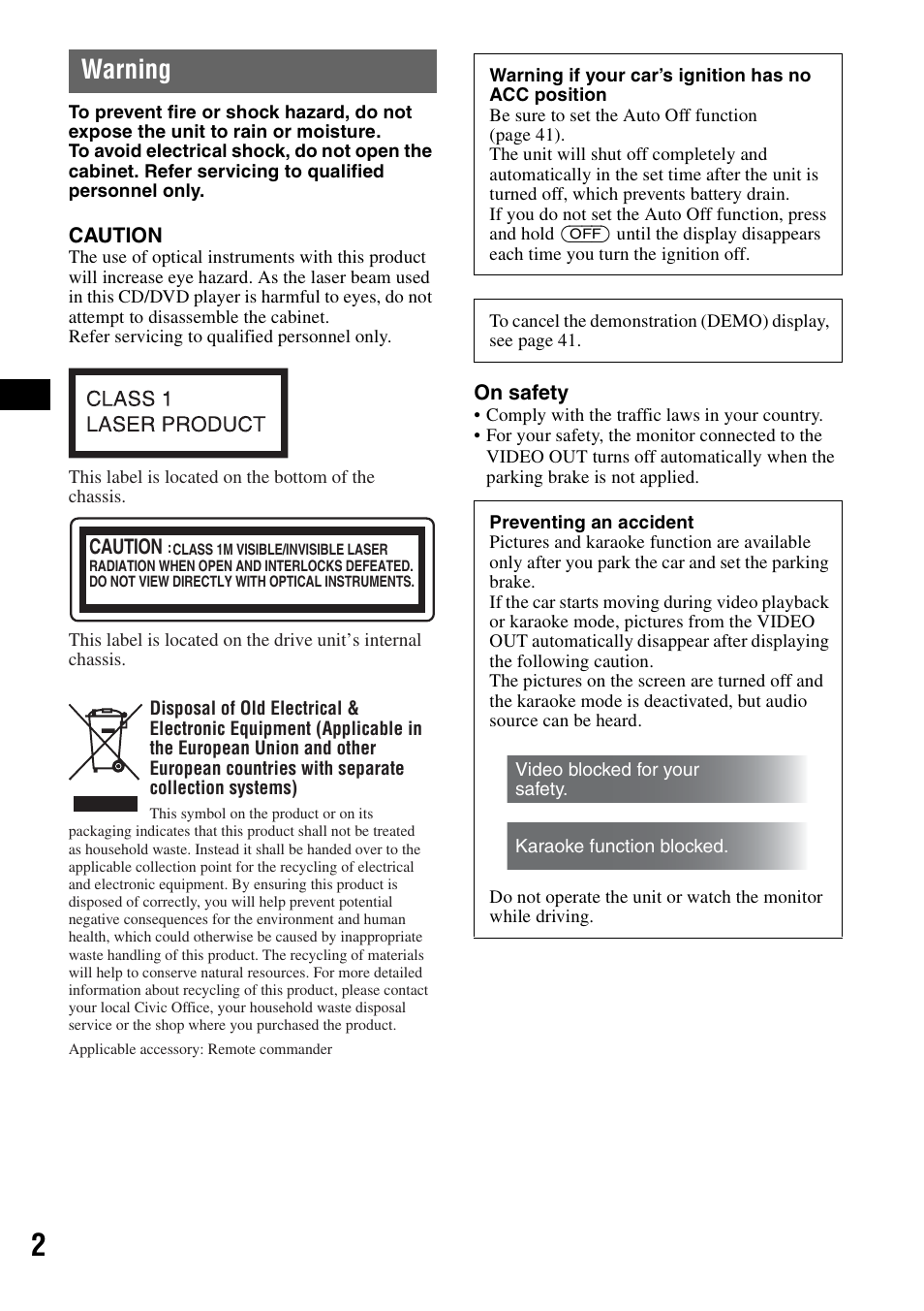 Warning | Sony MEX-DV1000 User Manual | Page 2 / 300