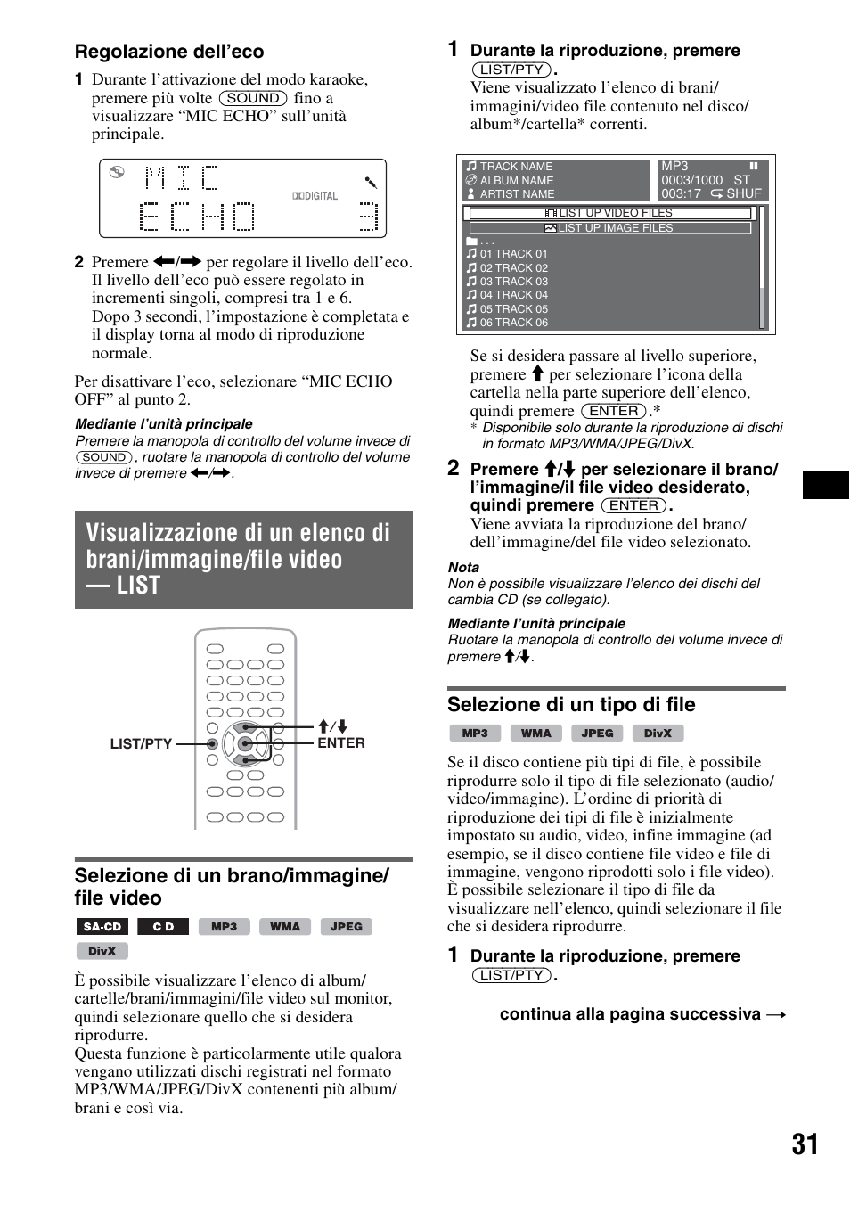 Selezione di un brano/immagine/ file video, Selezione di un tipo di file, Regolazione dell’eco | Sony MEX-DV1000 User Manual | Page 209 / 300