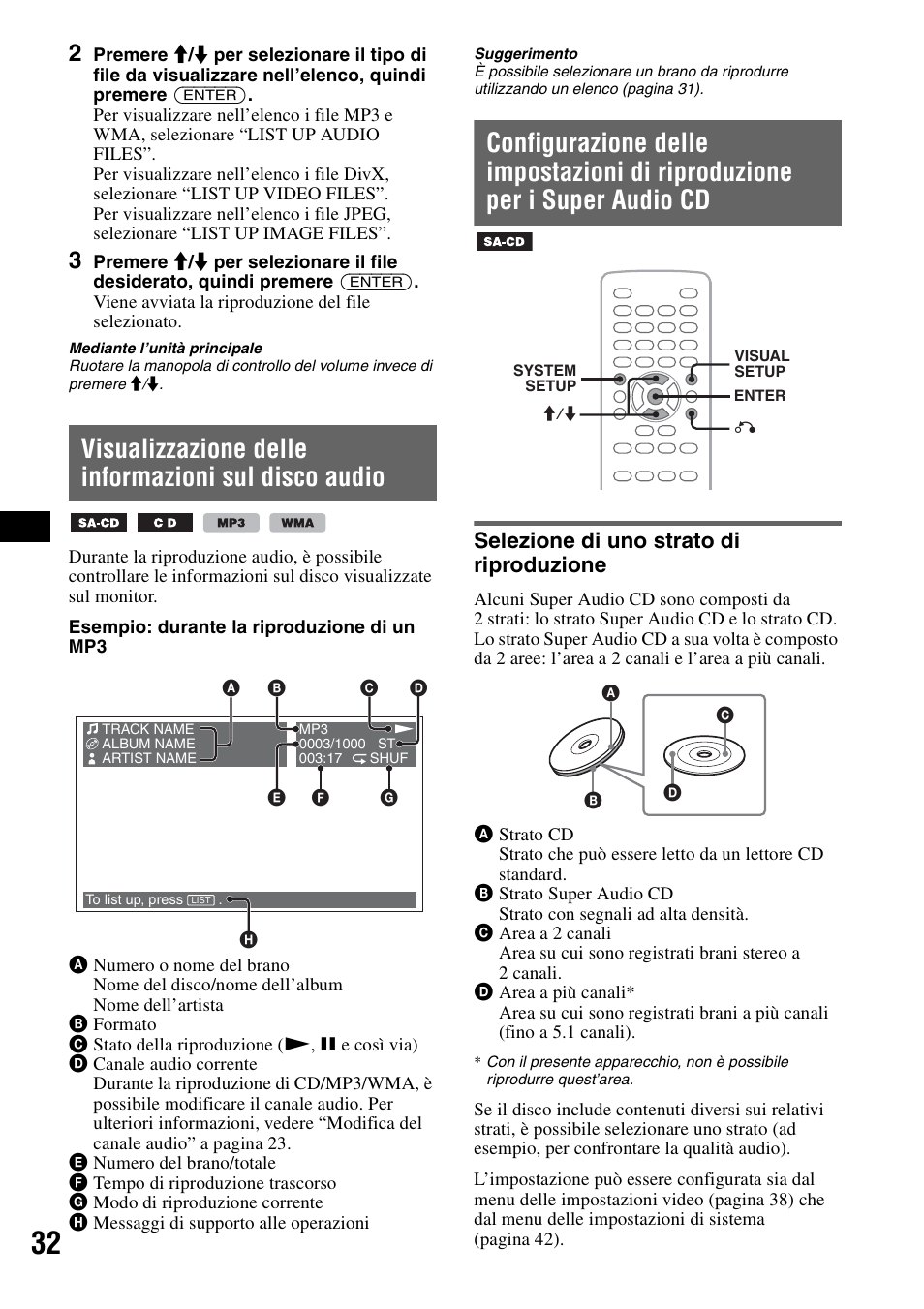 Visualizzazione delle informazioni sul disco audio, Selezione di uno strato di riproduzione | Sony MEX-DV1000 User Manual | Page 210 / 300