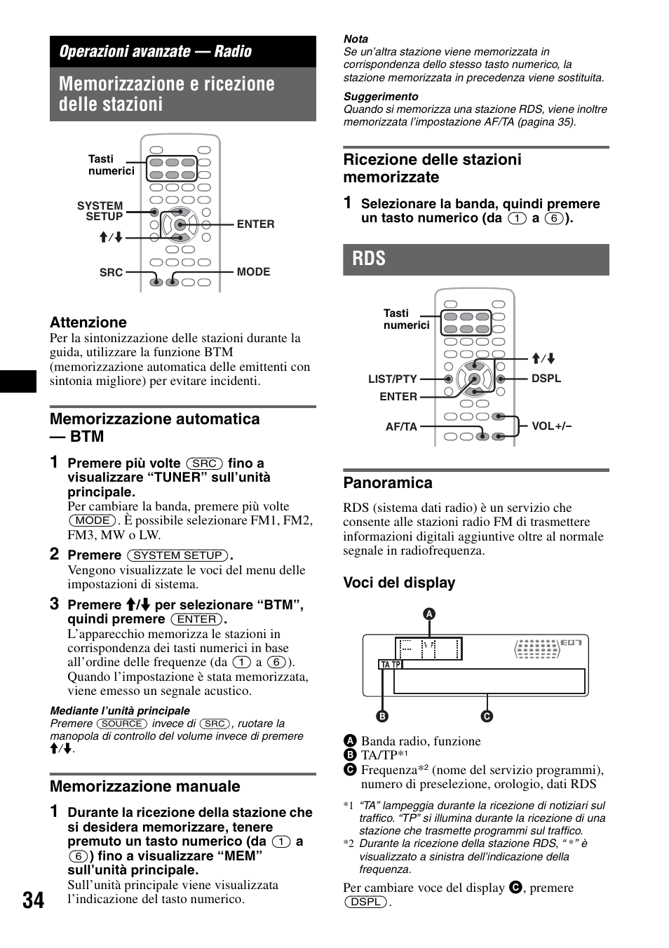 Operazioni avanzate - radio, Memorizzazione e ricezione delle stazioni, Memorizzazione automatica - btm | Memorizzazione manuale, Ricezione delle stazioni memorizzate, Panoramica, Operazioni avanzate — radio, Attenzione, Voci del display | Sony MEX-DV1000 User Manual | Page 212 / 300