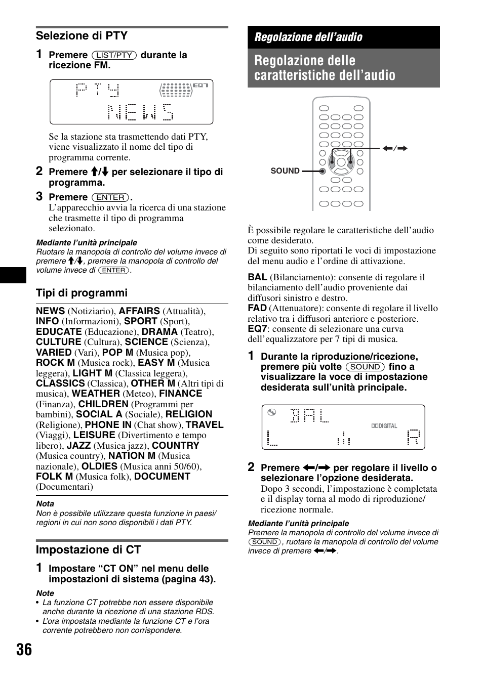 Selezione di pty, Impostazione di ct, Regolazione dell’audio | Regolazione delle caratteristiche dell’audio, Selezione di pty impostazione di ct | Sony MEX-DV1000 User Manual | Page 214 / 300