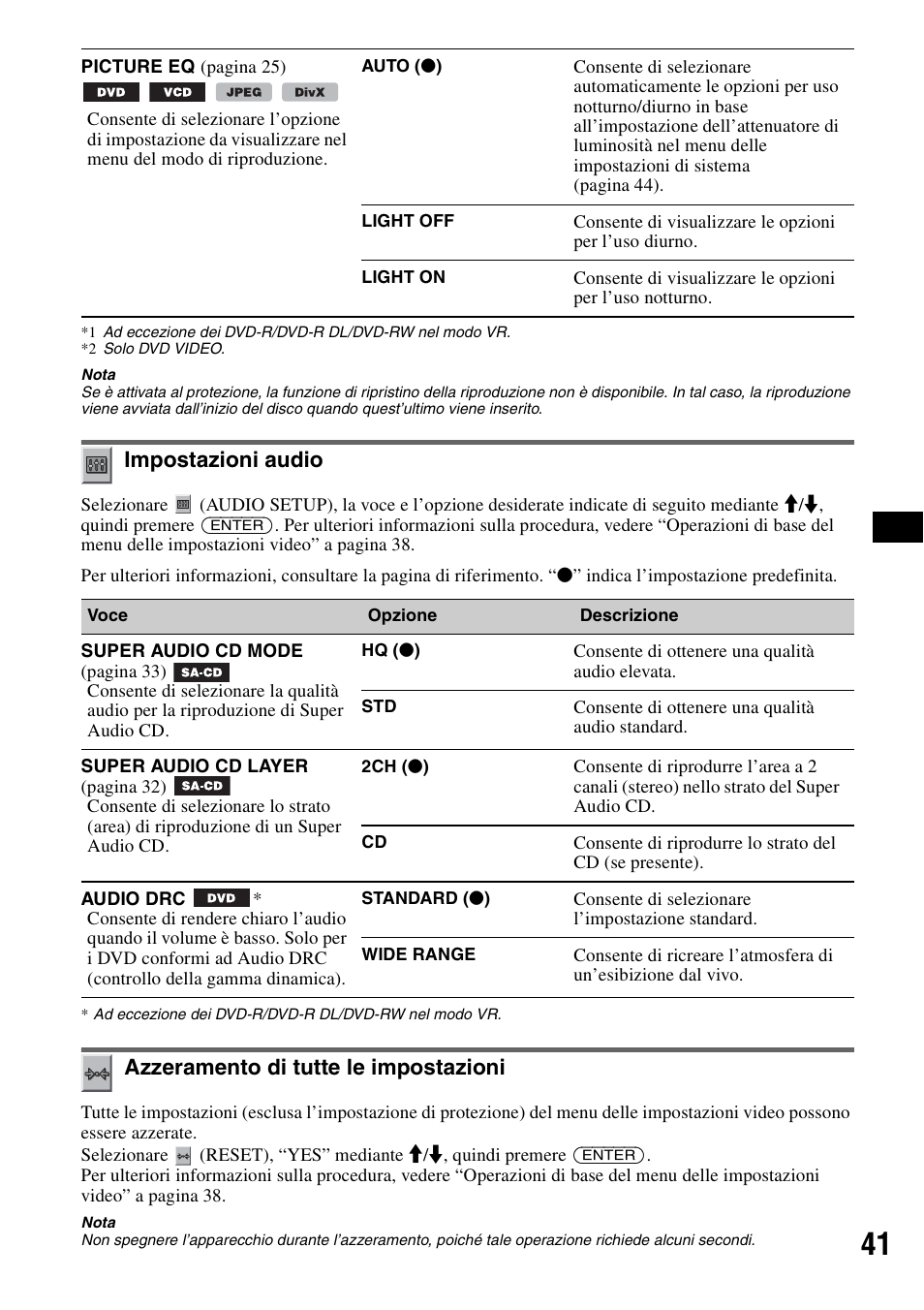 Impostazioni audio, Azzeramento di tutte le impostazioni, Lare le impo | Di azzerar | Sony MEX-DV1000 User Manual | Page 219 / 300