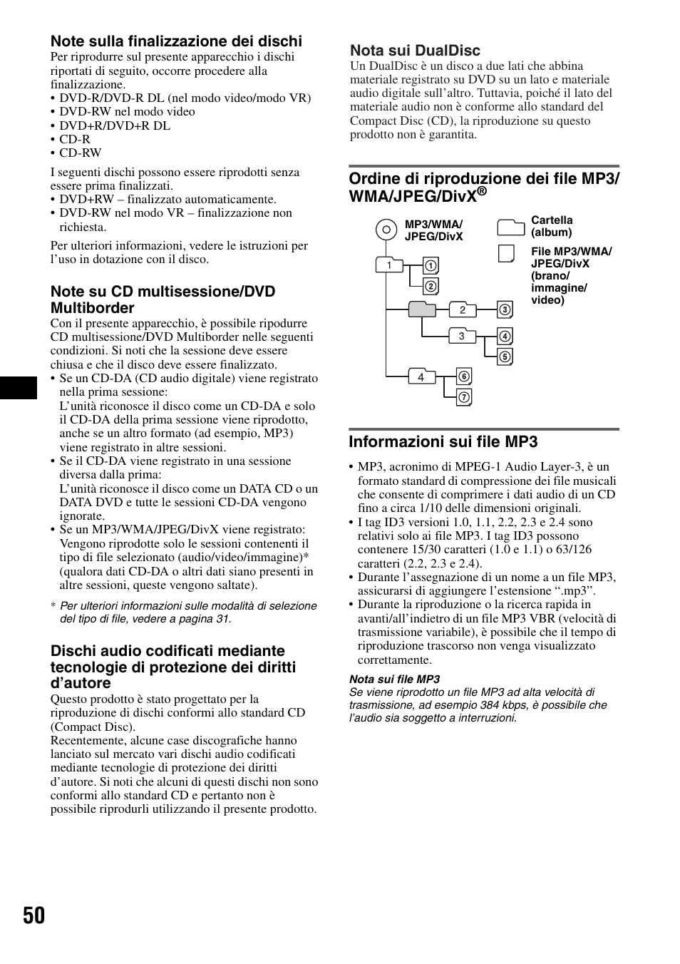 Ordine di riproduzione dei file mp3/ wma/jpeg/divx, Informazioni sui file mp3, Ordine di riproduzione dei file mp3/wma/jpeg/divx | Sony MEX-DV1000 User Manual | Page 228 / 300