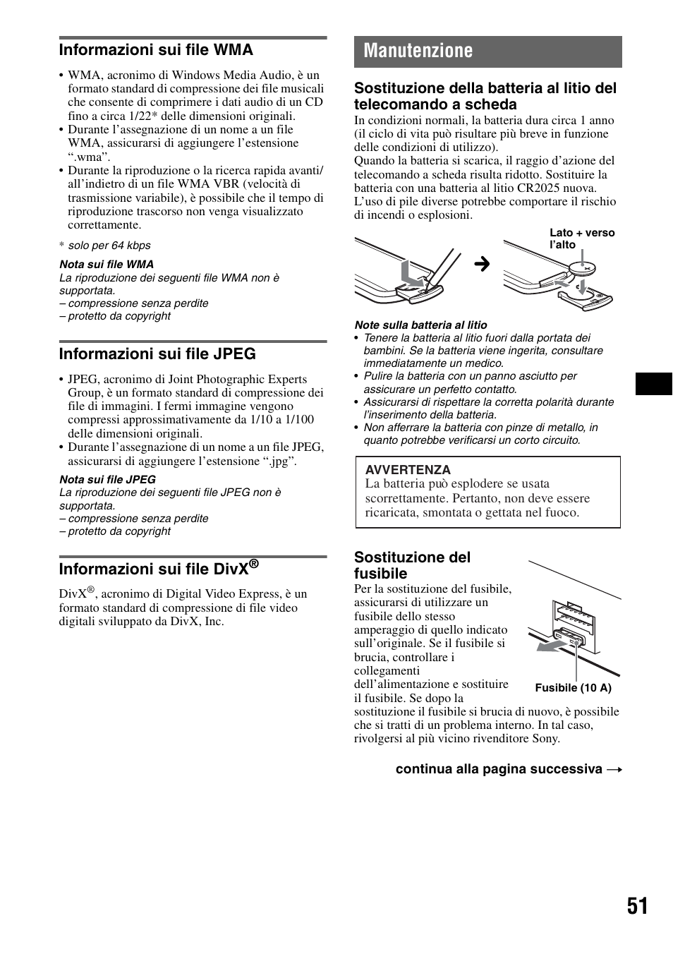 Informazioni sui file wma, Informazioni sui file jpeg, Informazioni sui file divx | Manutenzione | Sony MEX-DV1000 User Manual | Page 229 / 300