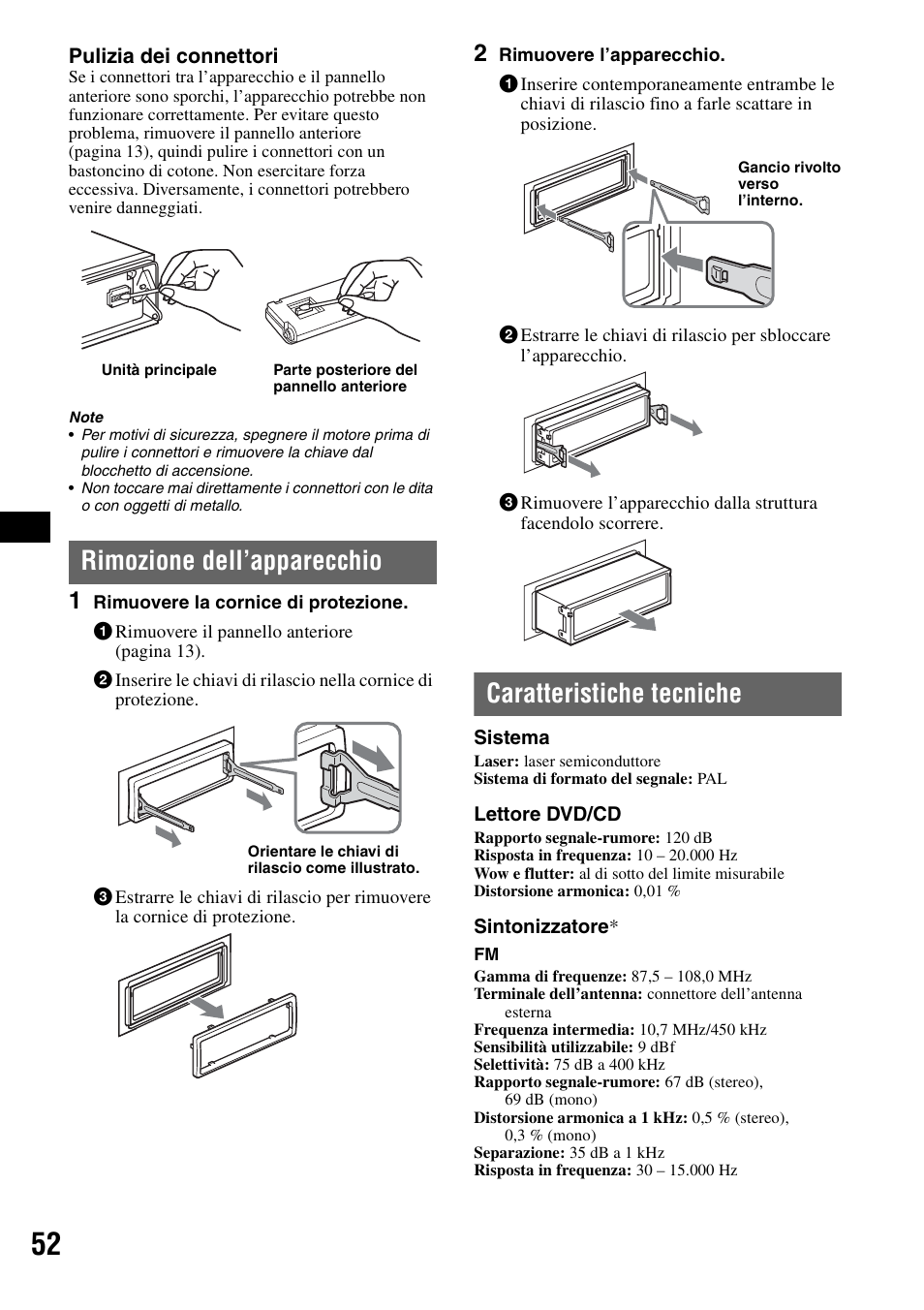 Rimozione dell’apparecchio, Caratteristiche tecniche | Sony MEX-DV1000 User Manual | Page 230 / 300