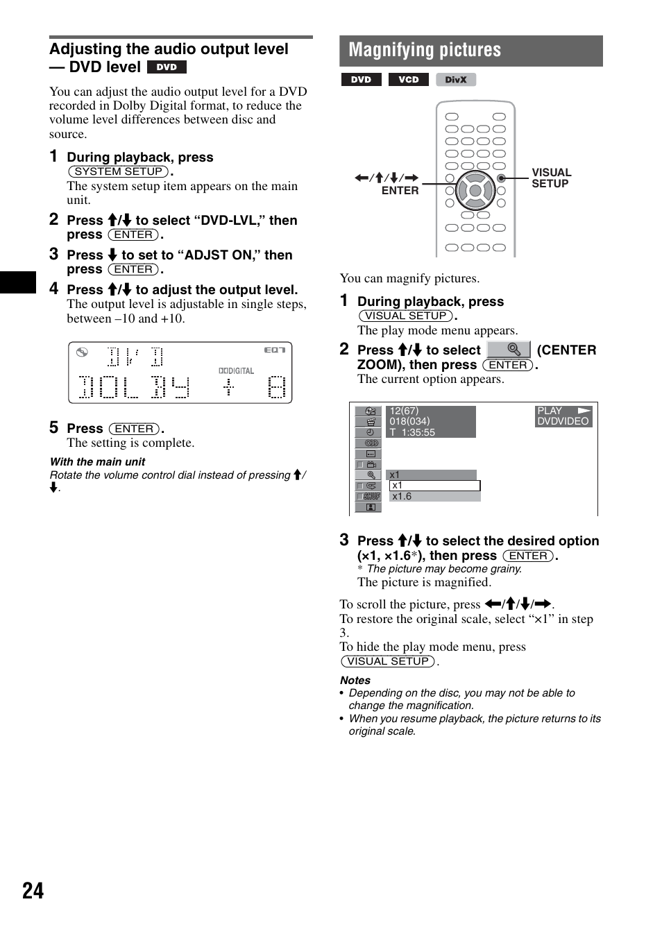 Adjusting the audio output level - dvd level, Magnifying pictures, Adjusting the audio output level — dvd level | On 24, 3 | Sony MEX-DV1000 User Manual | Page 24 / 300