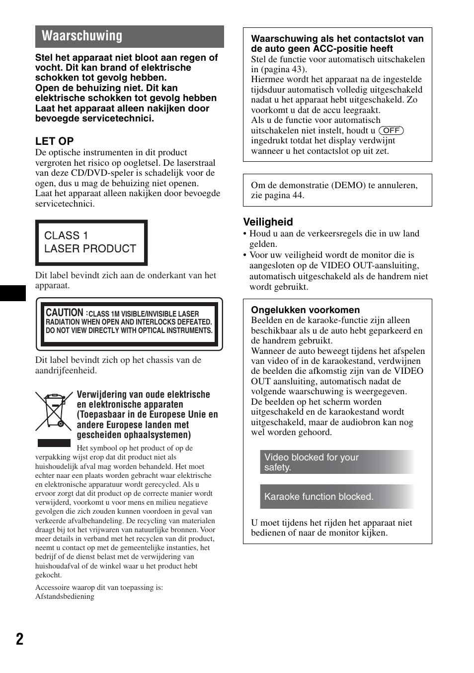 Waarschuwing | Sony MEX-DV1000 User Manual | Page 240 / 300