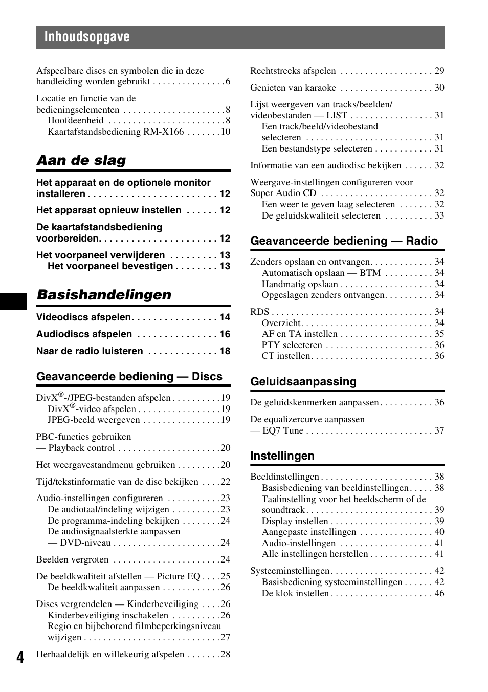Inhoudsopgave, Aan de slag, Basishandelingen | Sony MEX-DV1000 User Manual | Page 242 / 300