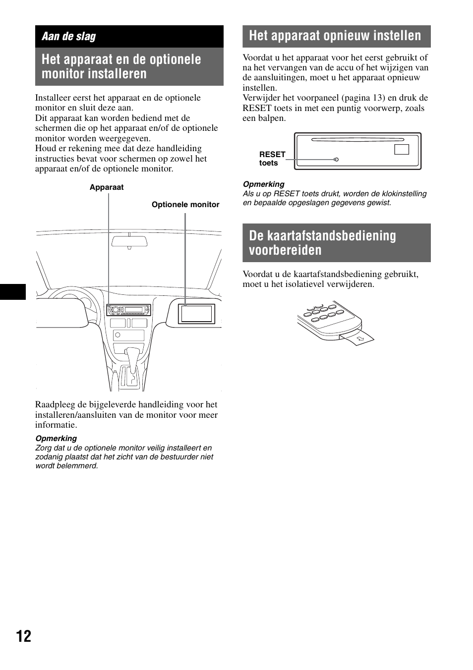 Aan de slag, Het apparaat en de optionele monitor installeren, Het apparaat opnieuw instellen | De kaartafstandsbediening voorbereiden | Sony MEX-DV1000 User Manual | Page 250 / 300
