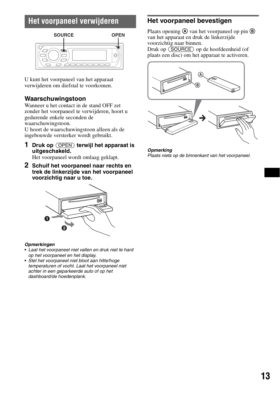 Het voorpaneel verwijderen, Het voorpaneel bevestigen | Sony MEX-DV1000 User Manual | Page 251 / 300