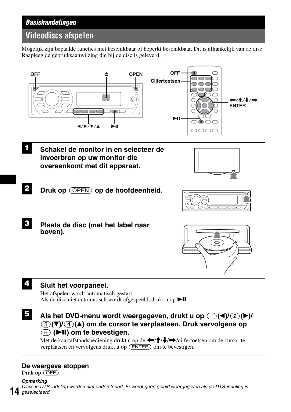 Basishandelingen, Videodiscs afspelen, B 14 | Druk op (open) op de hoofdeenheid, Plaats de disc (met het label naar boven), Sluit het voorpaneel | Sony MEX-DV1000 User Manual | Page 252 / 300