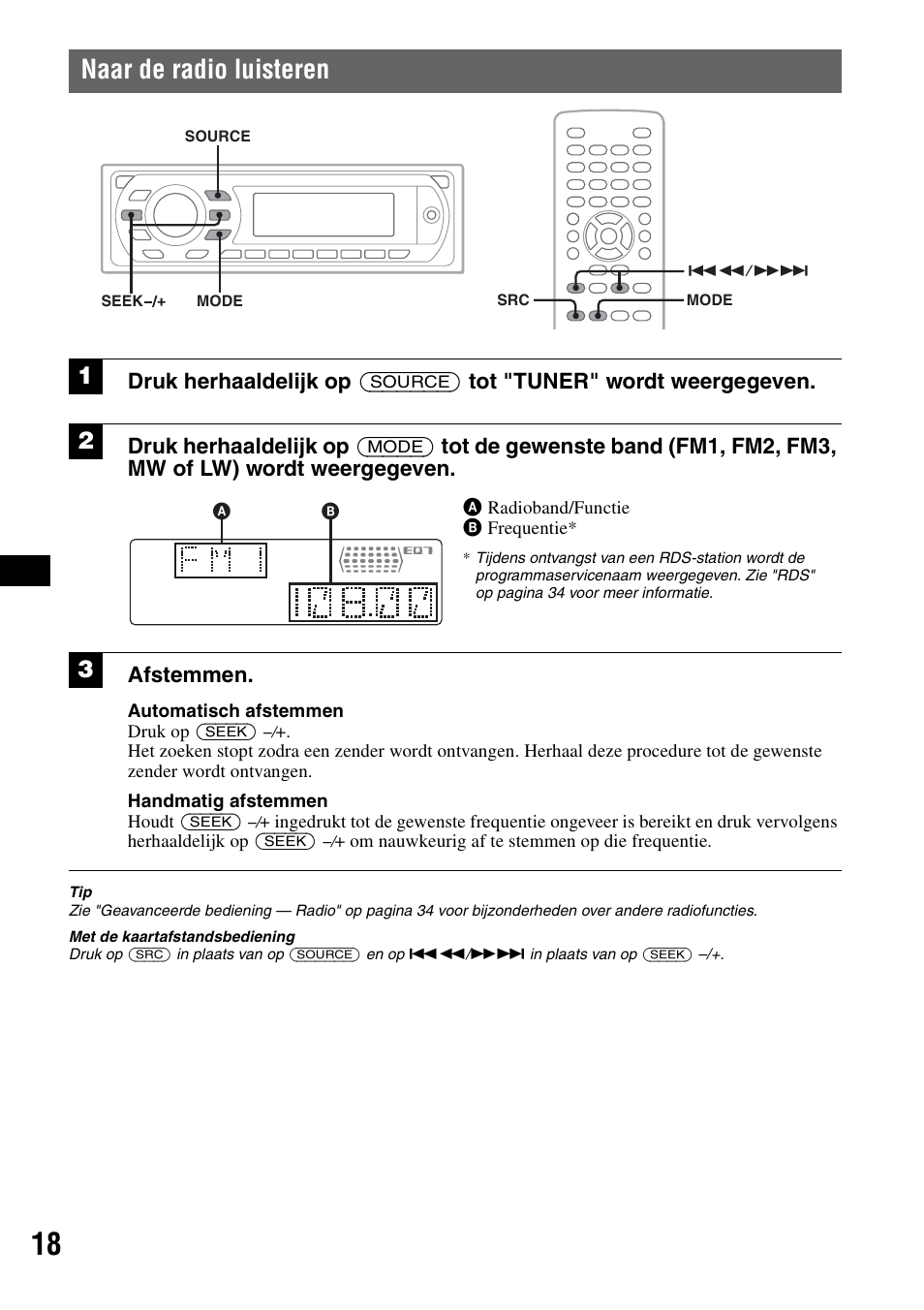 Naar de radio luisteren, Afstemmen | Sony MEX-DV1000 User Manual | Page 256 / 300