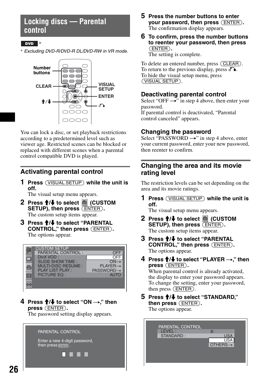 Locking discs - parental control, Activating parental control, Changing the area and its movie rating level | Locking discs — parental control | Sony MEX-DV1000 User Manual | Page 26 / 300