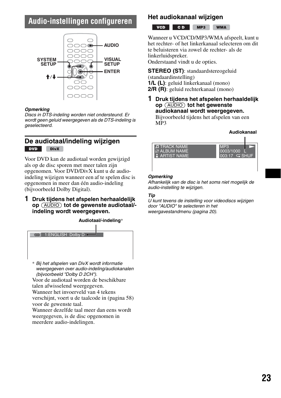 Audio-instellingen configureren, De audiotaal/indeling wijzigen, Het audiokanaal wijzigen | Sony MEX-DV1000 User Manual | Page 261 / 300