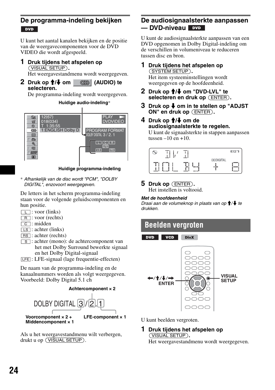 De programma-indeling bekijken, De audiosignaalsterkte aanpassen - dvd-niveau, Beelden vergroten | S 24, Dolby digital 3 / 2, De audiosignaalsterkte aanpassen — dvd-niveau | Sony MEX-DV1000 User Manual | Page 262 / 300