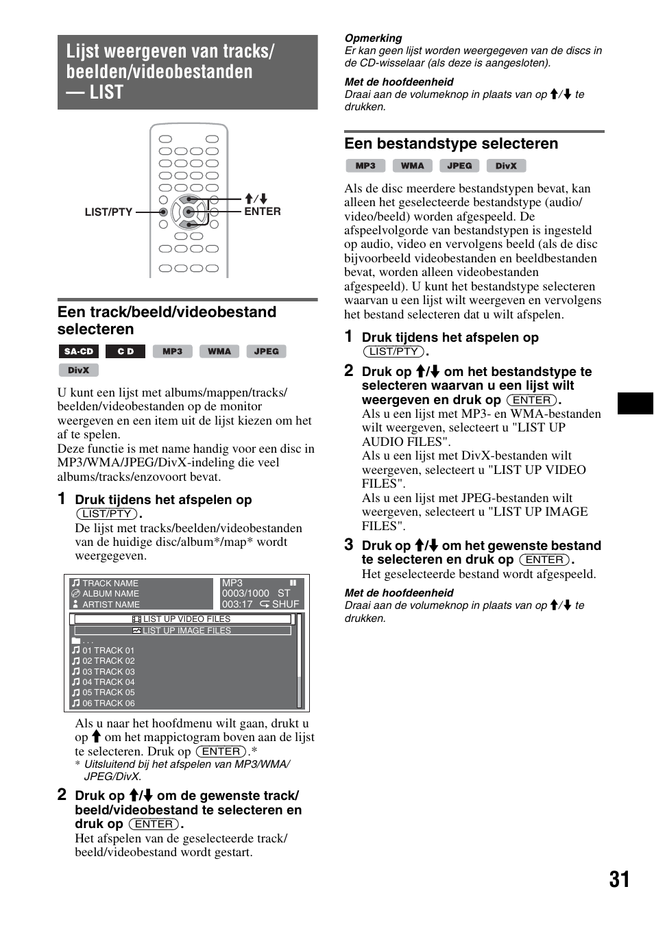 Een track/beeld/videobestand selecteren, Een bestandstype selecteren | Sony MEX-DV1000 User Manual | Page 269 / 300