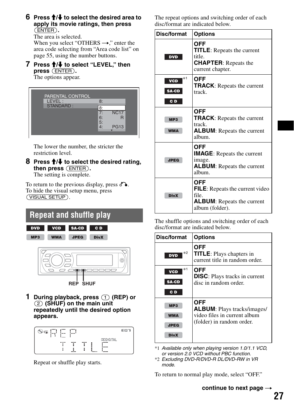 Repeat and shuffle play | Sony MEX-DV1000 User Manual | Page 27 / 300