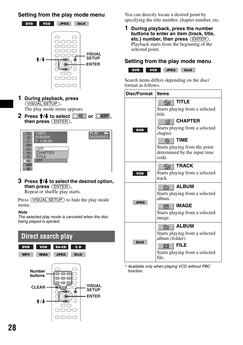 Direct search play, Ck 28, File 28 | Setting from the play mode menu | Sony MEX-DV1000 User Manual | Page 28 / 300