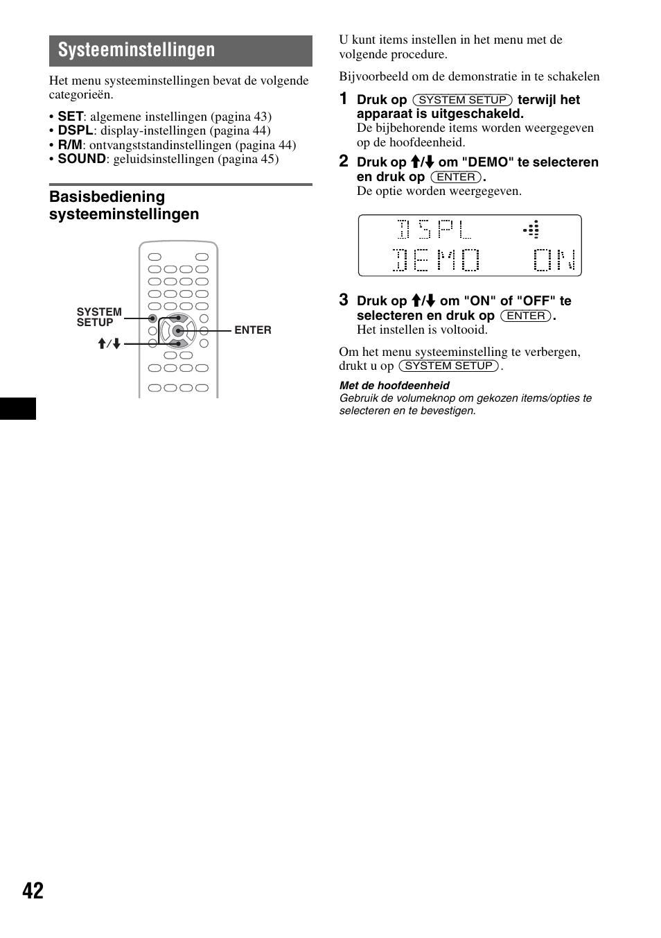 Systeeminstellingen, Basisbediening systeeminstellingen | Sony MEX-DV1000 User Manual | Page 280 / 300