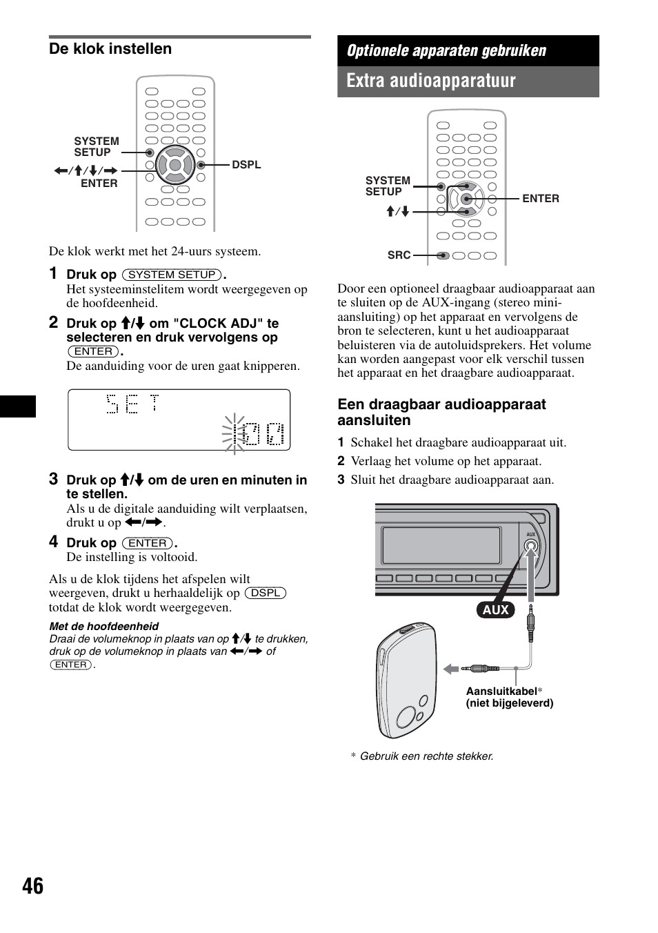 De klok instellen, Optionele apparaten gebruiken, Extra audioapparatuur | Een draagbaar audioapparaat aansluiten | Sony MEX-DV1000 User Manual | Page 284 / 300