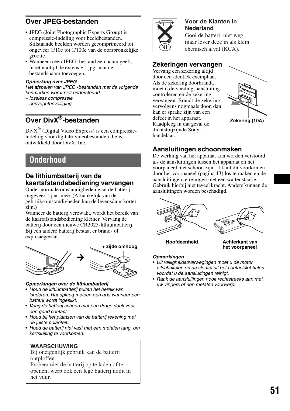 Over jpeg-bestanden, Over divx®-bestanden, Onderhoud | Over jpeg-bestanden over divx, Bestanden, Over divx | Sony MEX-DV1000 User Manual | Page 289 / 300