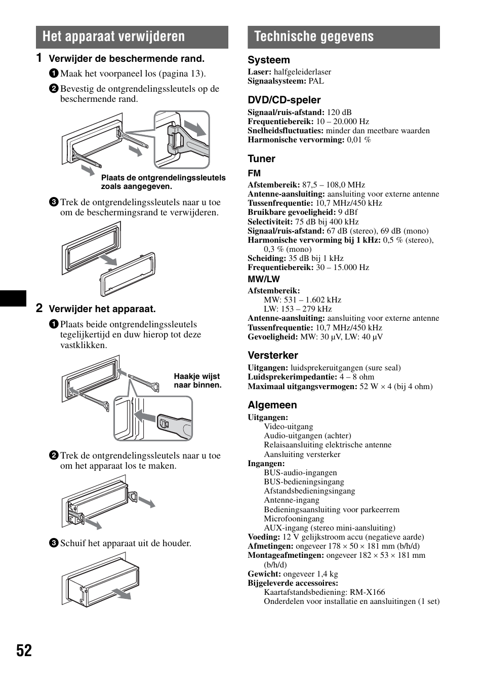 Het apparaat verwijderen, Technische gegevens | Sony MEX-DV1000 User Manual | Page 290 / 300