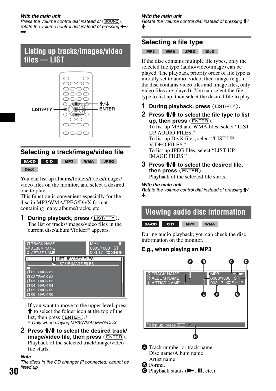 Listing up tracks/images/video files - list, Selecting a track/image/video file, Selecting a file type | Viewing audio disc information, Listing up tracks/images/video files — list | Sony MEX-DV1000 User Manual | Page 30 / 300