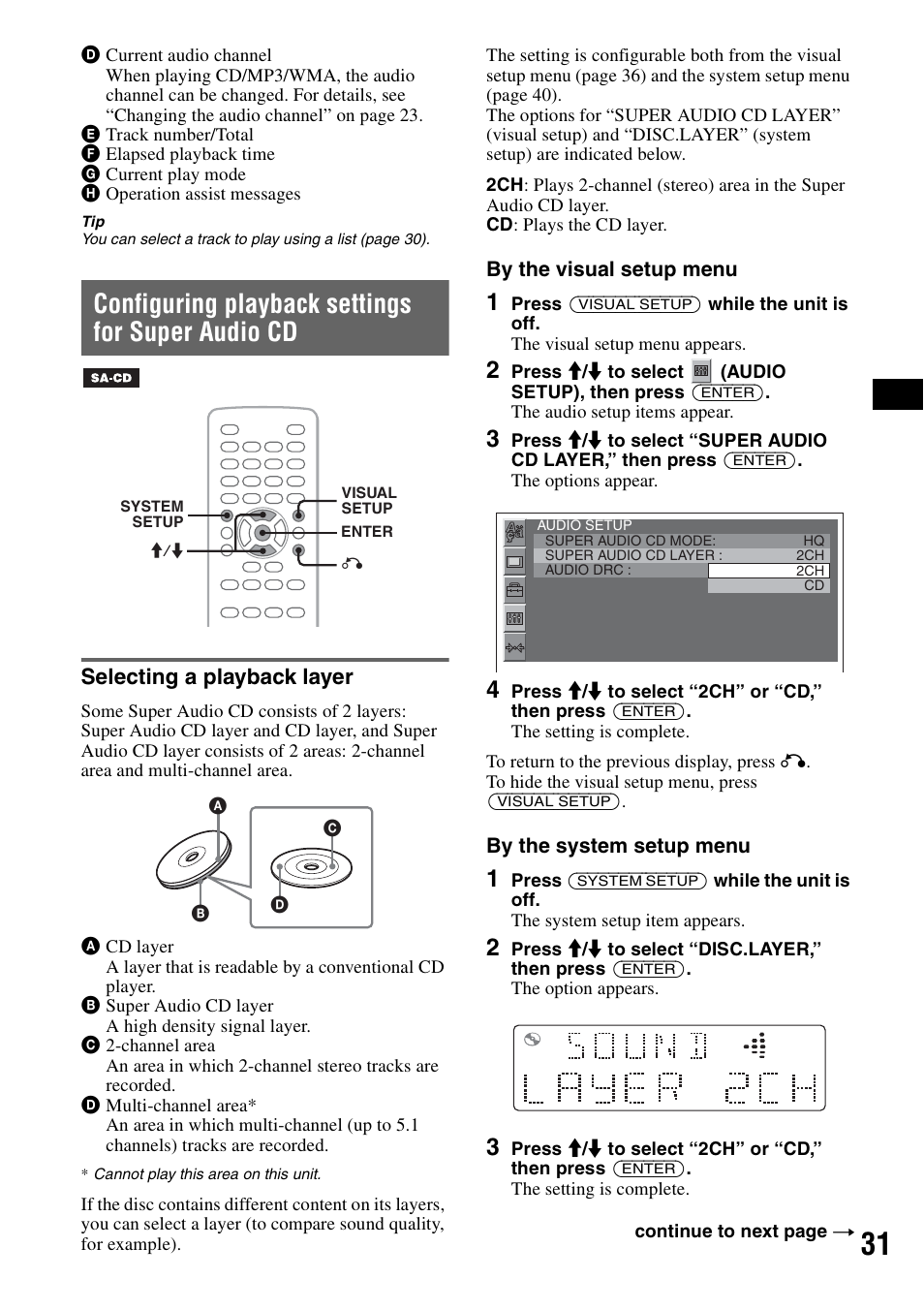 Configuring playback settings for super audio cd, Selecting a playback layer | Sony MEX-DV1000 User Manual | Page 31 / 300