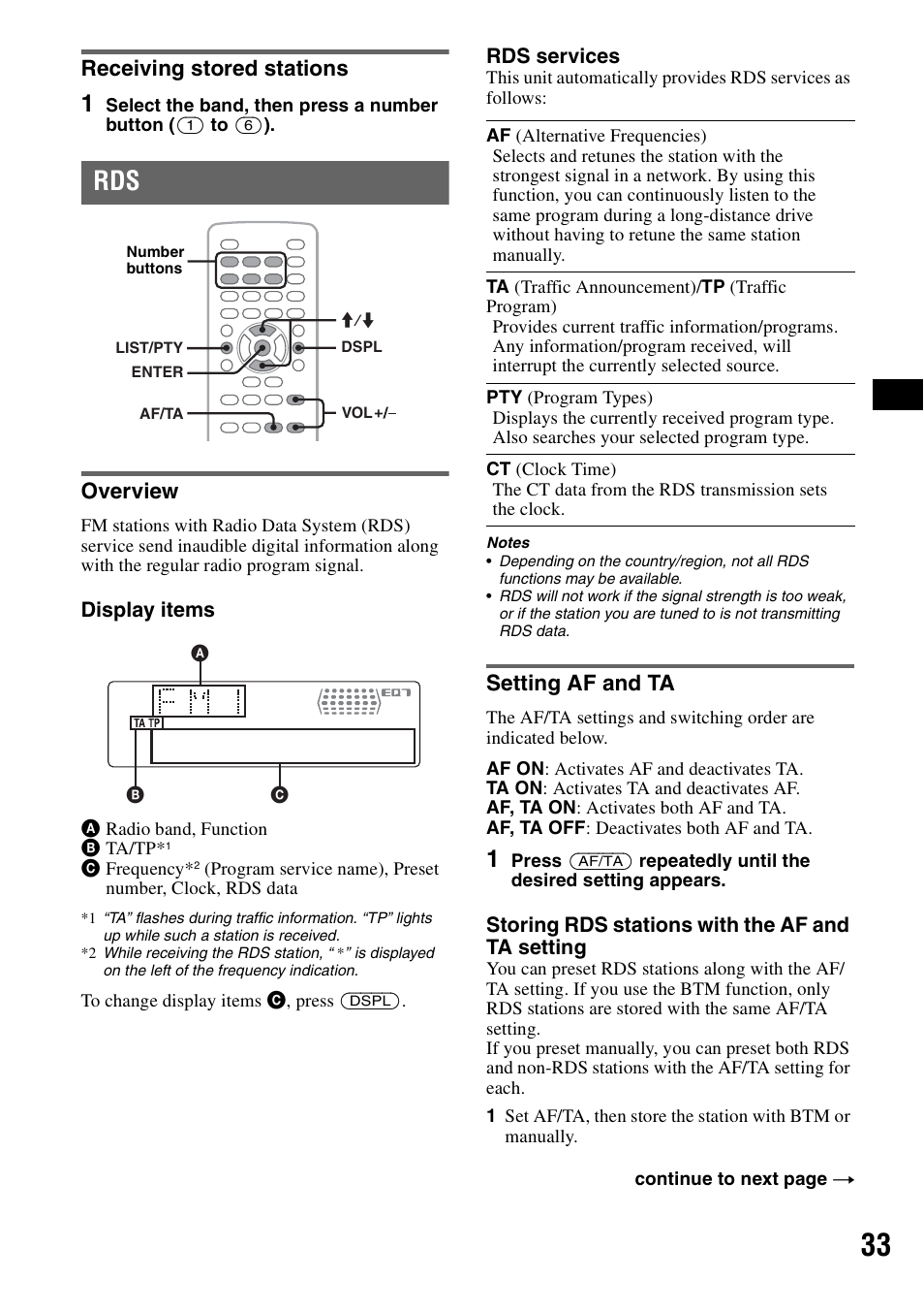 Receiving stored stations, Overview, Setting af and ta | Overview setting af and ta, On 33, Display items, Rds services, Storing rds stations with the af and ta setting | Sony MEX-DV1000 User Manual | Page 33 / 300