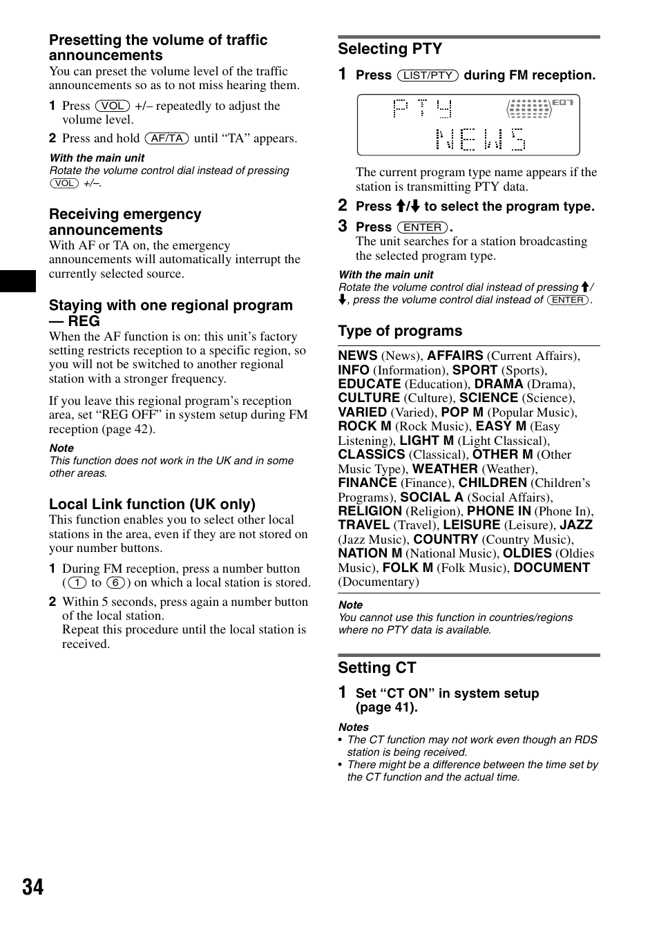 Selecting pty, Setting ct, Selecting pty setting ct | S 34 | Sony MEX-DV1000 User Manual | Page 34 / 300