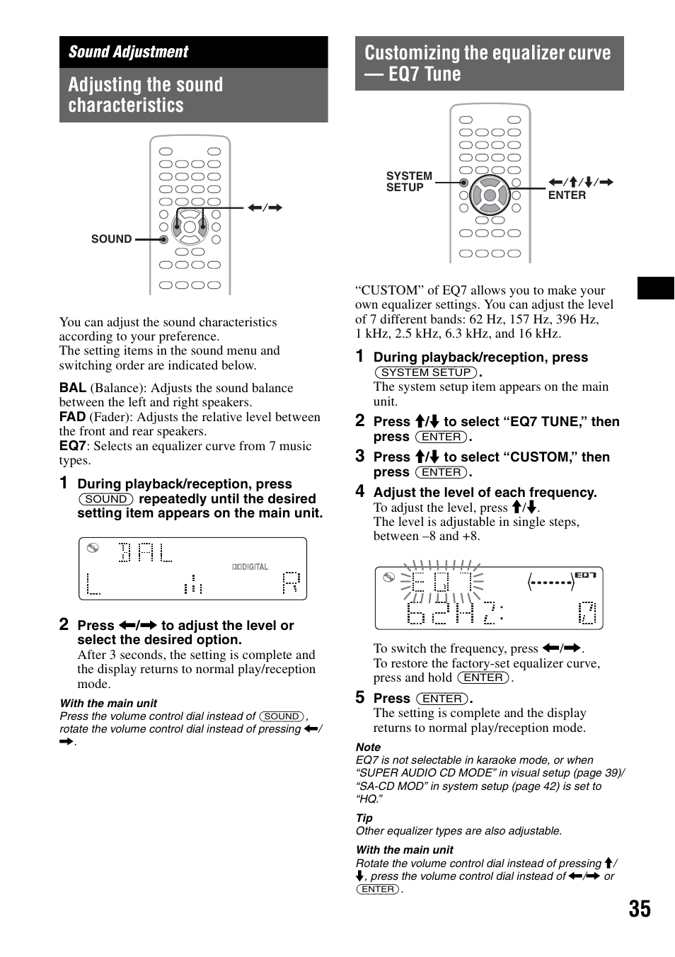 Sound adjustment, Adjusting the sound characteristics, Customizing the equalizer curve - eq7 tune | Customizing the equalizer curve — eq7 tune | Sony MEX-DV1000 User Manual | Page 35 / 300