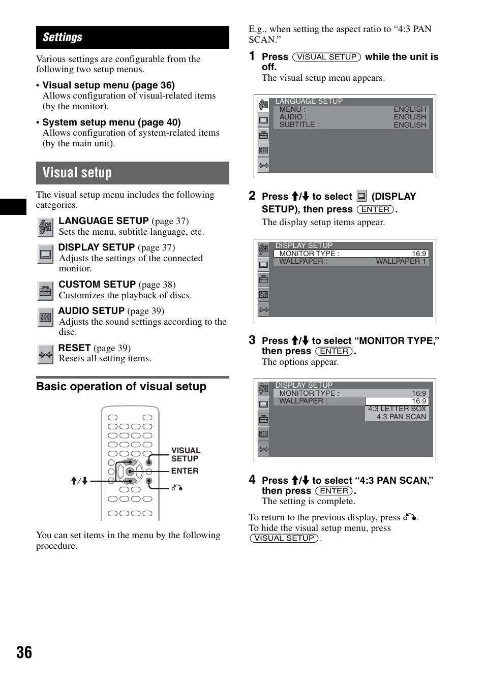 Settings, Visual setup, Basic operation of visual setup | Sony MEX-DV1000 User Manual | Page 36 / 300