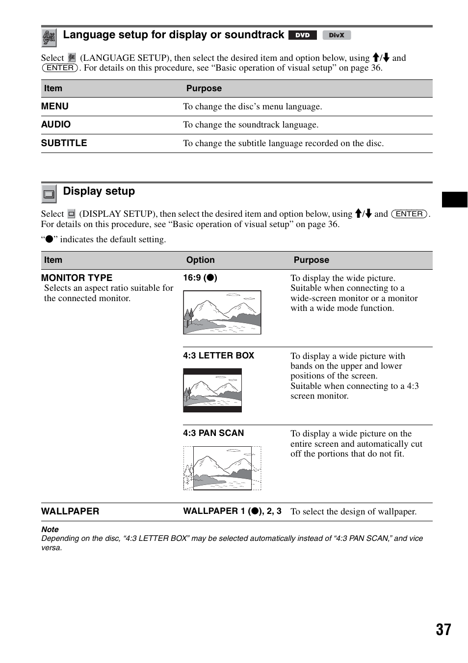 Language setup for display or soundtrack, Display setup, Language | S of the co | Sony MEX-DV1000 User Manual | Page 37 / 300