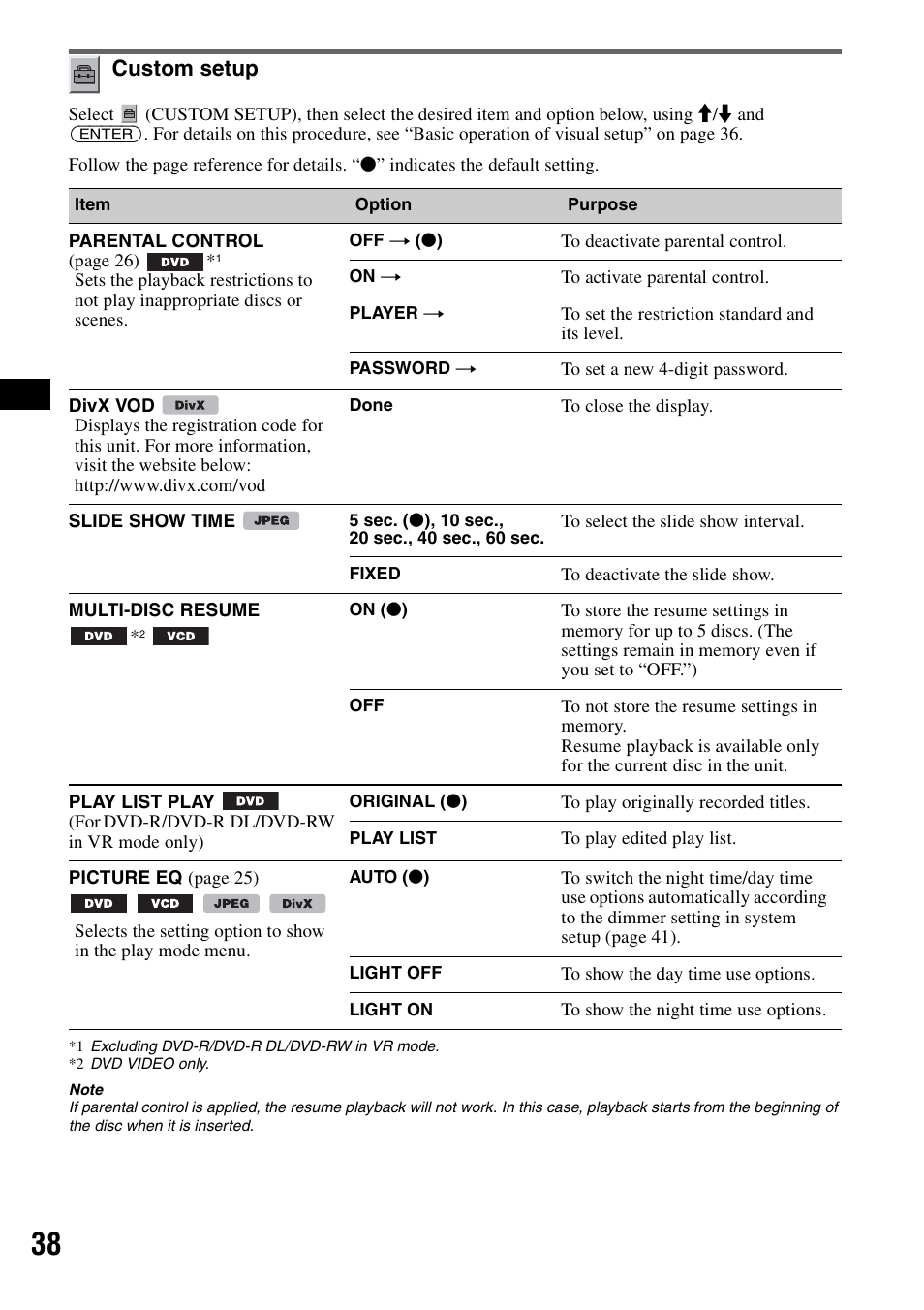 Custom setup, Ayback of di | Sony MEX-DV1000 User Manual | Page 38 / 300