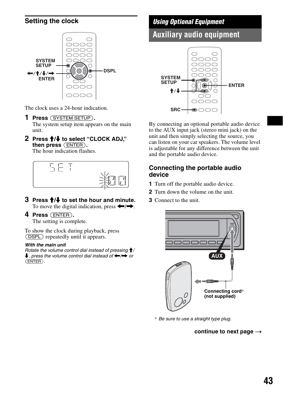Setting the clock, Using optional equipment, Auxiliary audio equipment | Connecting the portable audio device | Sony MEX-DV1000 User Manual | Page 43 / 300