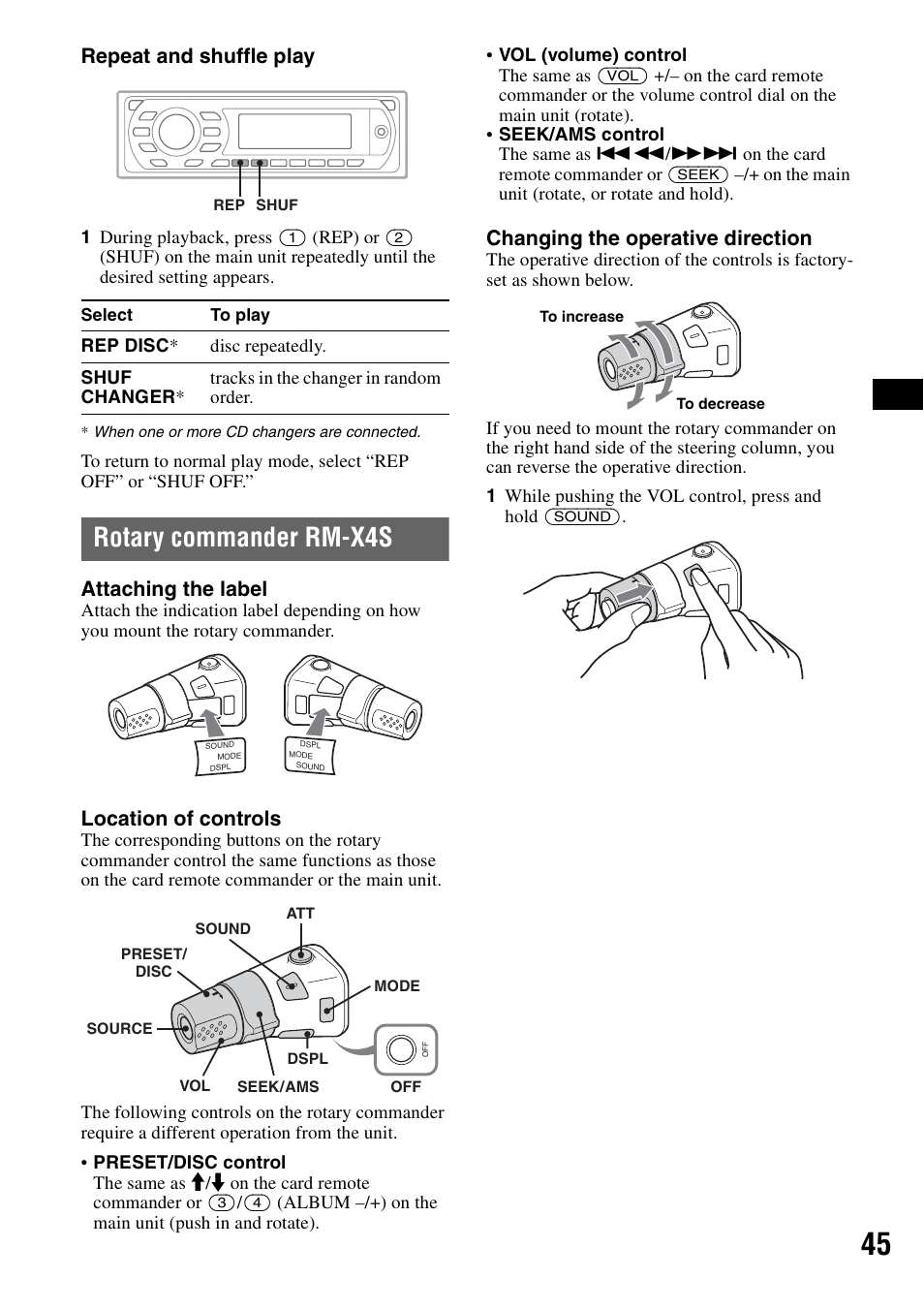 Rotary commander rm-x4s, Repeat and shuffle play, Attaching the label | Location of controls, Changing the operative direction | Sony MEX-DV1000 User Manual | Page 45 / 300