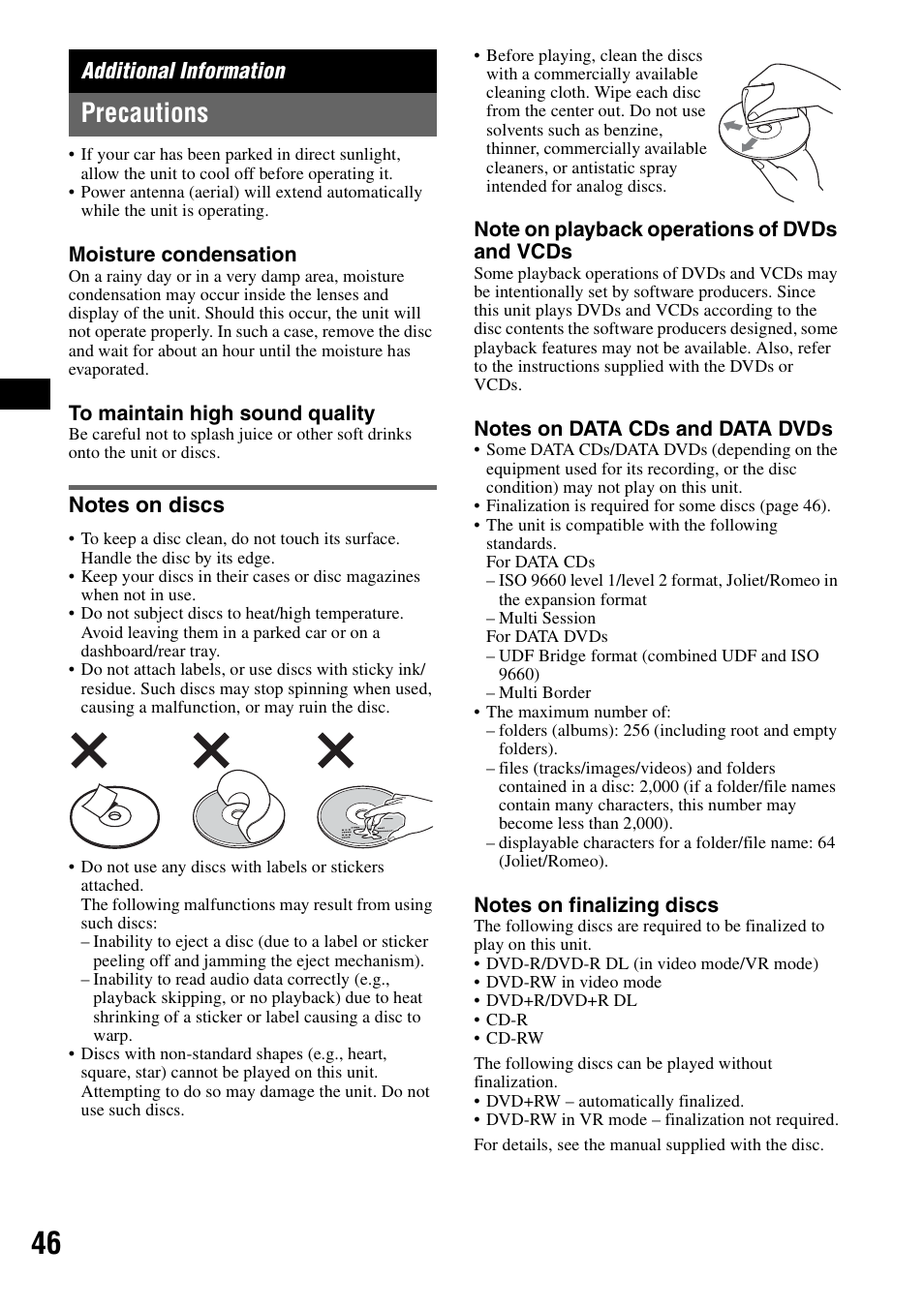 Additional information, Precautions, Notes on discs | Sony MEX-DV1000 User Manual | Page 46 / 300