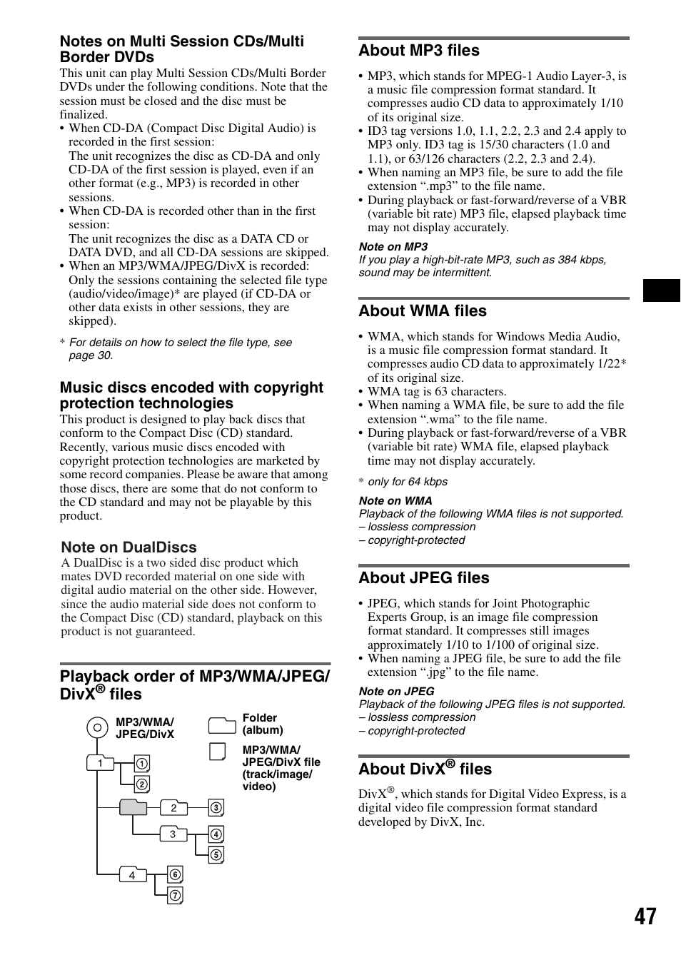 Playback order of mp3/wma/jpeg/ divx® files, About mp3 files, About wma files | About jpeg files, About divx® files, Playback order of mp3/wma/jpeg/divx, Files, Playback order of mp3/wma/jpeg/ divx, Files about mp3 files, About divx | Sony MEX-DV1000 User Manual | Page 47 / 300