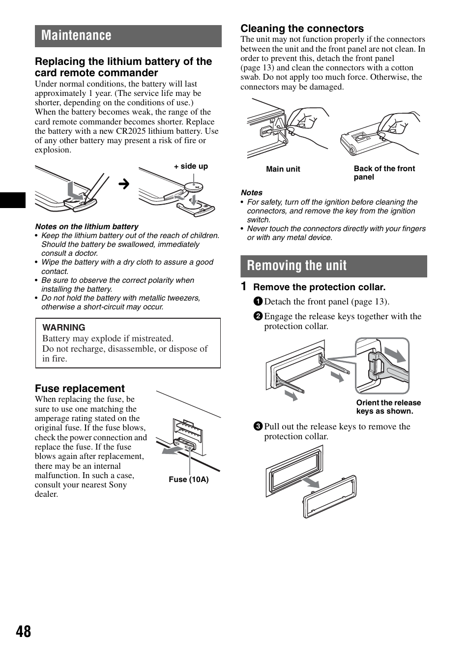 Maintenance, Removing the unit | Sony MEX-DV1000 User Manual | Page 48 / 300