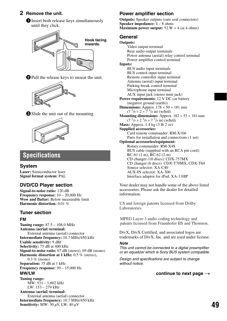 Specifications | Sony MEX-DV1000 User Manual | Page 49 / 300
