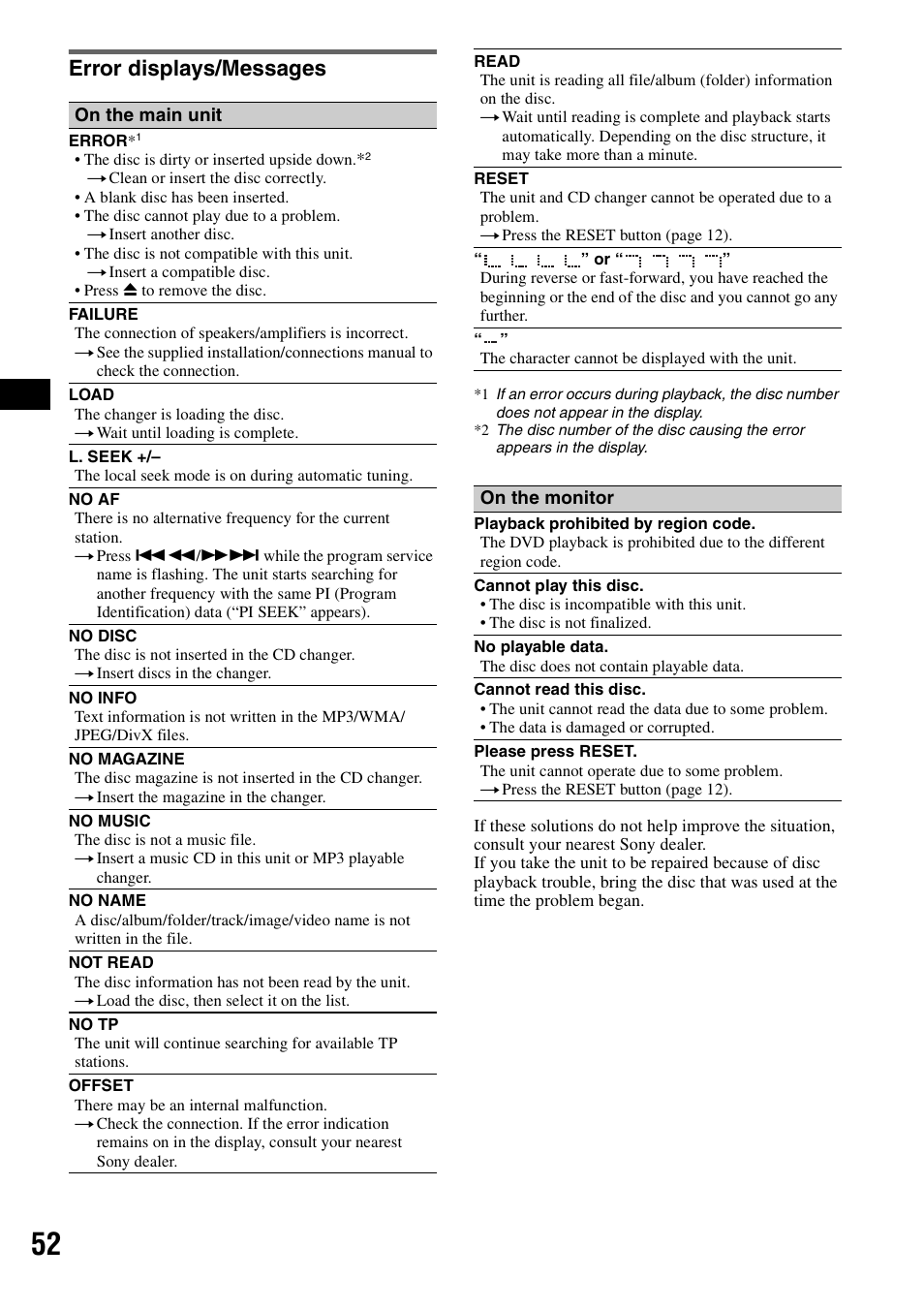 Error displays/messages | Sony MEX-DV1000 User Manual | Page 52 / 300