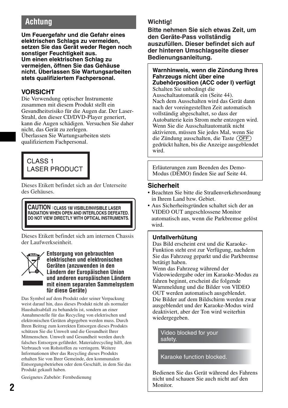 Achtung | Sony MEX-DV1000 User Manual | Page 58 / 300
