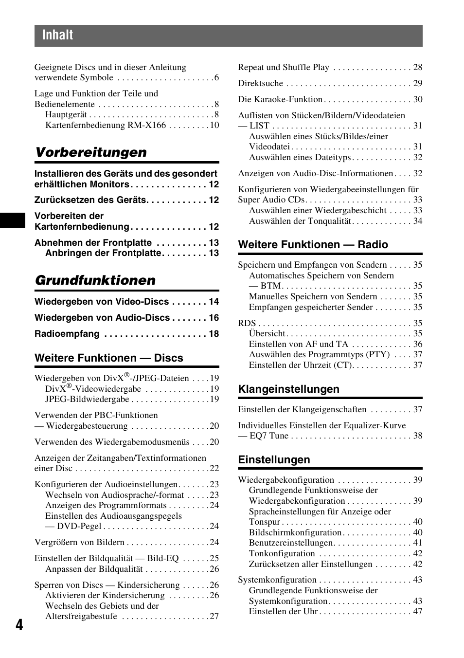 Inhalt, Vorbereitungen, Grundfunktionen | Sony MEX-DV1000 User Manual | Page 60 / 300